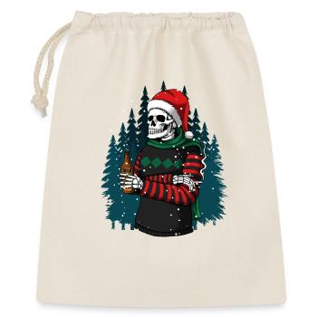 Skelett mit Santa-Hut trinkt Bier im Winterwald - Geschenkbeutel aus Baumwolle (40 x 50 cm) - Natur - Vorne