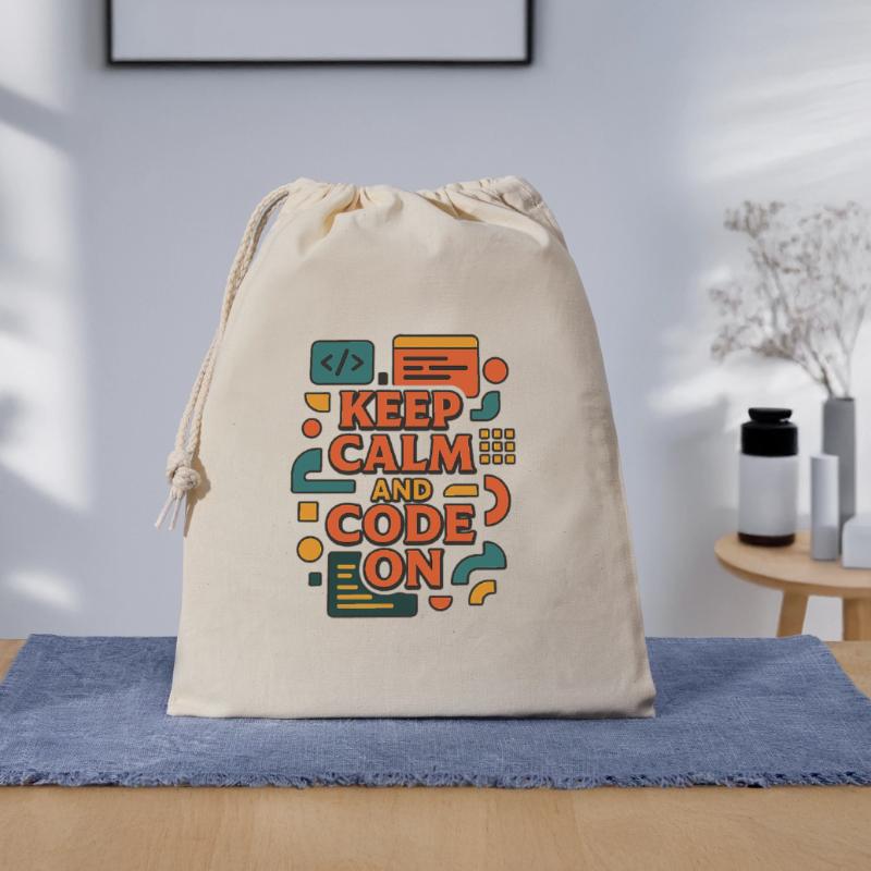 Keep Calm and Code On – Lustiges Coder Shirt Geschenkbeutel aus Baumwolle (40 x 50 cm)
