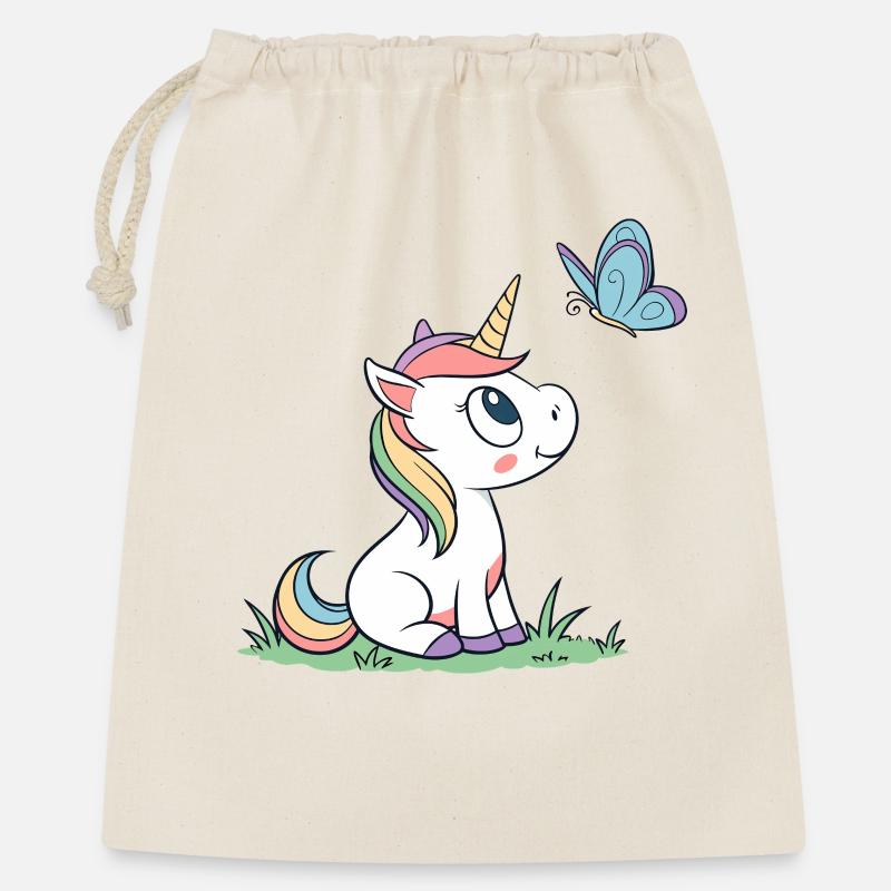 Süßes neugieriges Baby Einhorn und Schmetterling Magazin v01 - Geschenkbeutel aus Baumwolle (40 x 50 cm) - Natur
