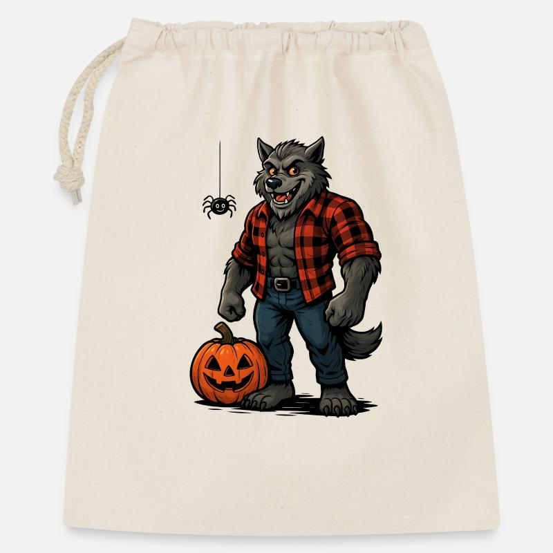 Halloween Werwolf mit Kürbis und Spinne - Geschenkbeutel aus Baumwolle (40 x 50 cm) - Natur