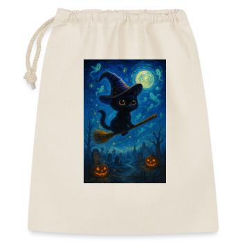 Schwarze Katze mit Hexenbesen - Geschenkbeutel aus Baumwolle (40 x 50 cm) - Natur - Vorne
