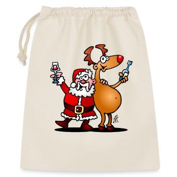 Weihnachtsmann und seine Rentiere - Geschenkbeutel aus Baumwolle (40 x 50 cm) - Natur - Vorne