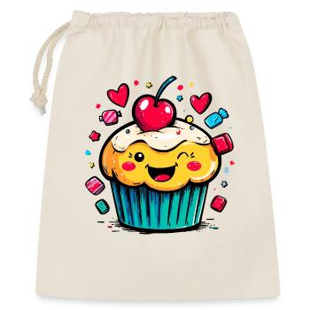 Kawaii Cupcake mit Kirschgesicht - Geschenkbeutel aus Baumwolle (40 x 50 cm) - Natur - Vorne