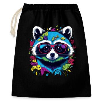 Bunter Waschbär mit Brille und Blättern - Geschenkbeutel aus Baumwolle (40 x 50 cm) - Schwarz - Vorne