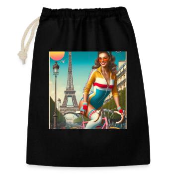 Schönes junges Mädchen fährt Fahrrad vor dem Eiffelturm - Geschenkbeutel aus Baumwolle (30 x 45 cm) - Schwarz - Vorne
