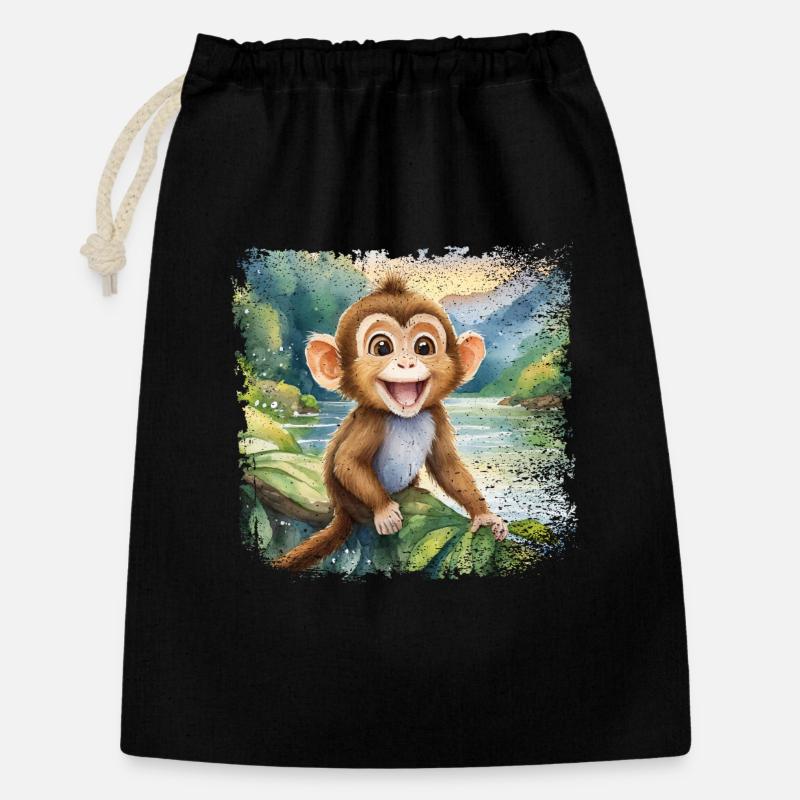 Mignon jeune singe, joyeux au bord de la rivière - Sac cadeau 30 x 45 cm - noir