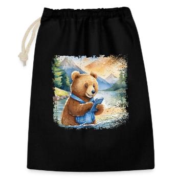 Cute young brown bear with mobile phone - Gift Bag 30 x 45 cm - black - Front