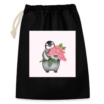 Niedlicher Pinguin mit Pfingstrose - Geschenkbeutel aus Baumwolle (30 x 45 cm) - Schwarz - Vorne