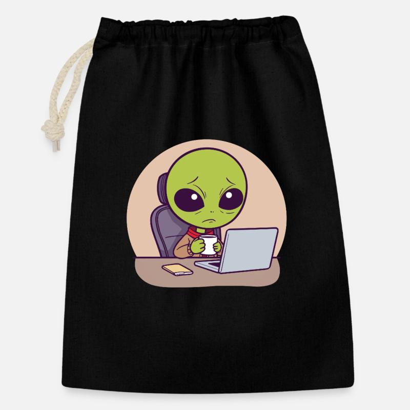 Gestresster Alien am Schreibtisch mit Kaffee - Geschenkbeutel aus Baumwolle (30 x 45 cm) - Schwarz