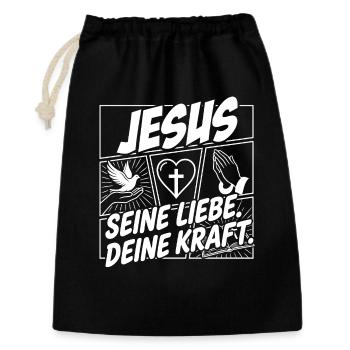 Jesus Liebe Kraft Motiv - Geschenkbeutel aus Baumwolle (30 x 45 cm) - Schwarz - Vorne