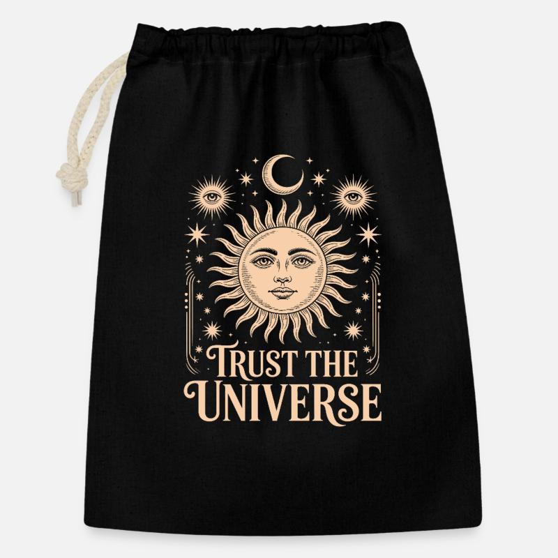 Trust The Universe Mystisches Boho Sonne und Mond - Geschenkbeutel aus Baumwolle (30 x 45 cm) - Schwarz