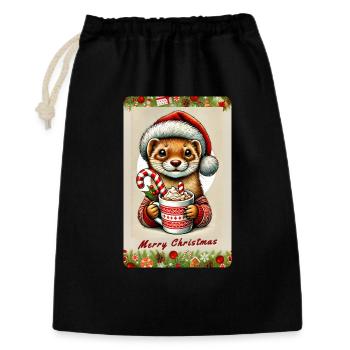 Weihnachts-Marder mit heißer Schokolade - Geschenkbeutel aus Baumwolle (30 x 45 cm) - Schwarz - Vorne