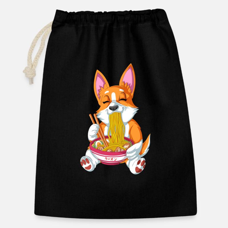 Süßer Corgi genießt Ramen - Geschenkbeutel aus Baumwolle (30 x 45 cm) - Schwarz