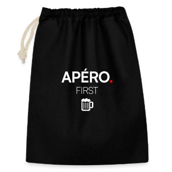 APERO ZUERST | Aperitif-Humor-T-Shirt - Geschenkbeutel aus Baumwolle (30 x 45 cm) - Schwarz - Vorne