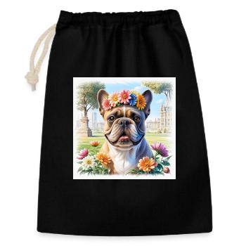 Frühling Französische Bulldogge mit Blumenkranz - Geschenkbeutel aus Baumwolle (30 x 45 cm) - Schwarz - Vorne