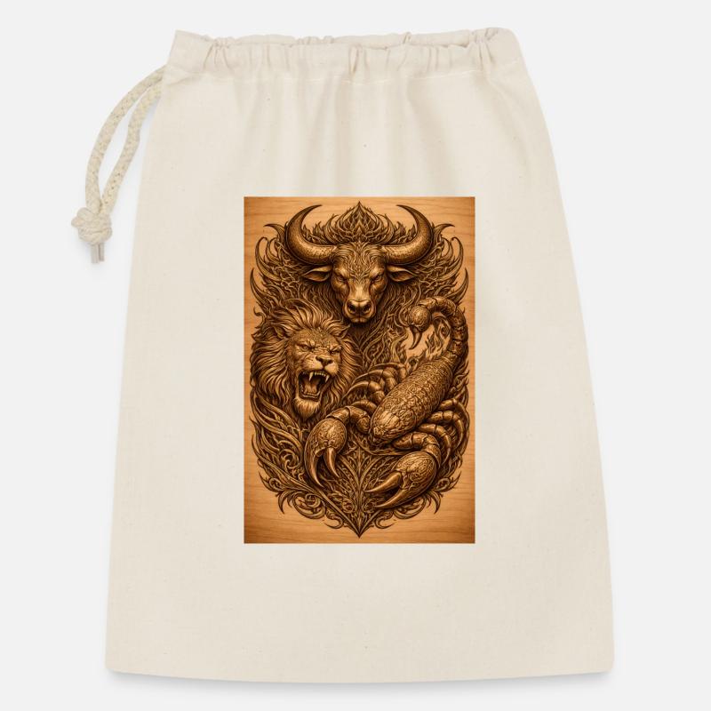 Stier-Löwe-Skorpion Holzbild - Geschenkbeutel aus Baumwolle (30 x 45 cm) - Natur