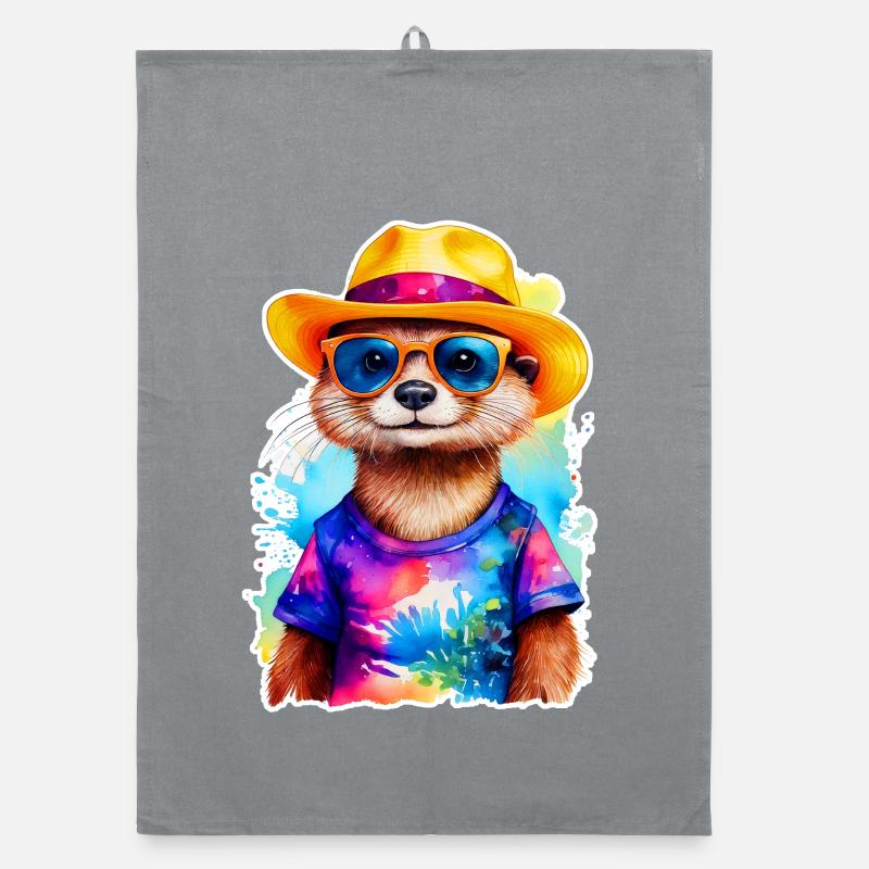 Otter with straw hat Organic dish towel