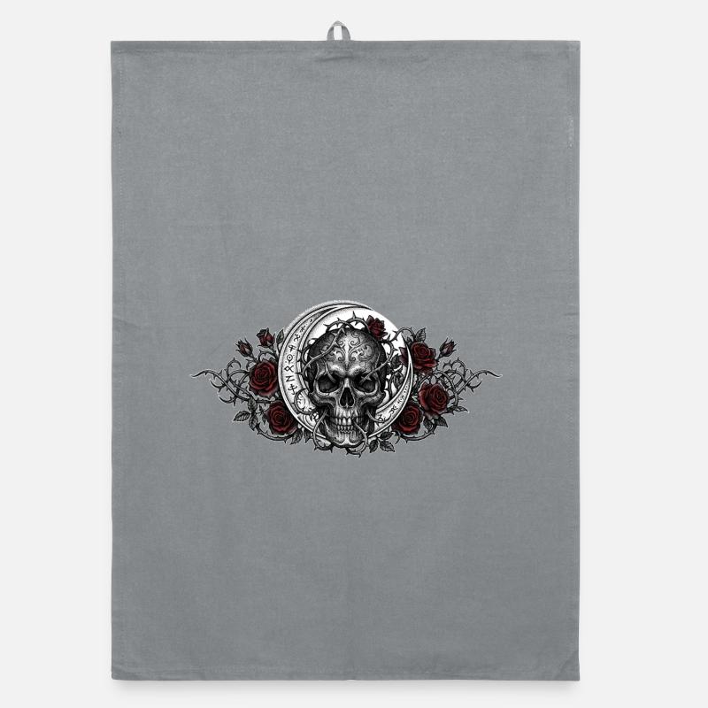 Gothic skull / skull, Moon, Red roses Organic dish towel