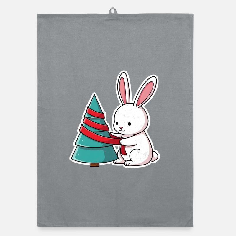Rabbit ties tree with red ribbon Organic dish towel