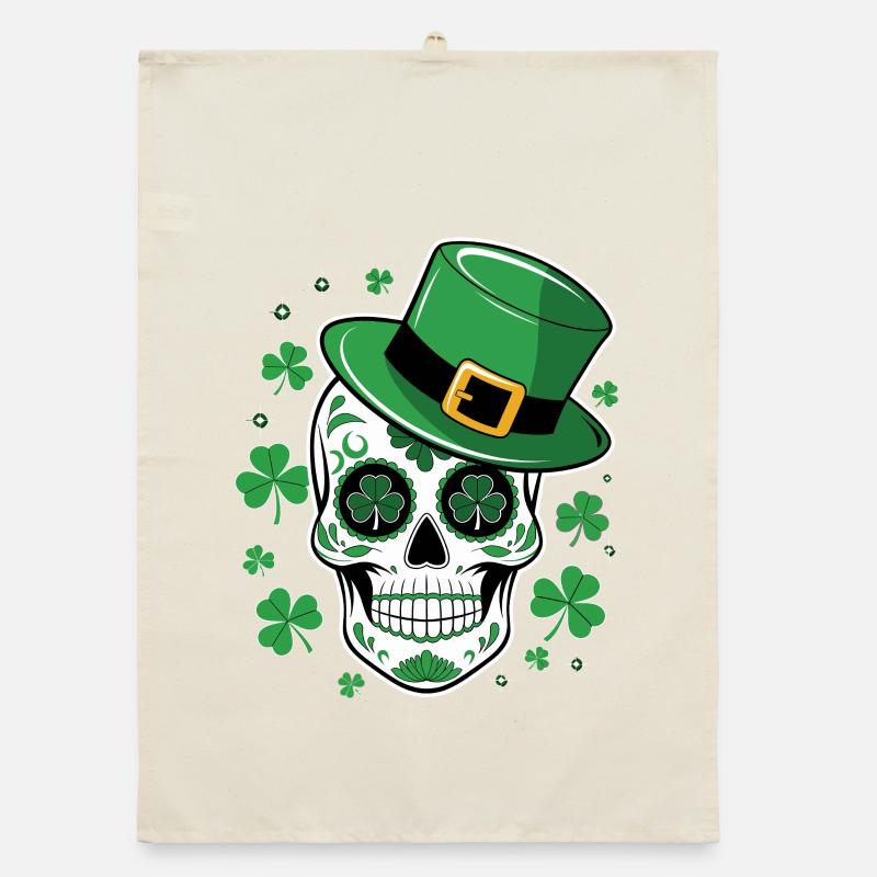 Green skull with St Patrick hat Organic dish towel