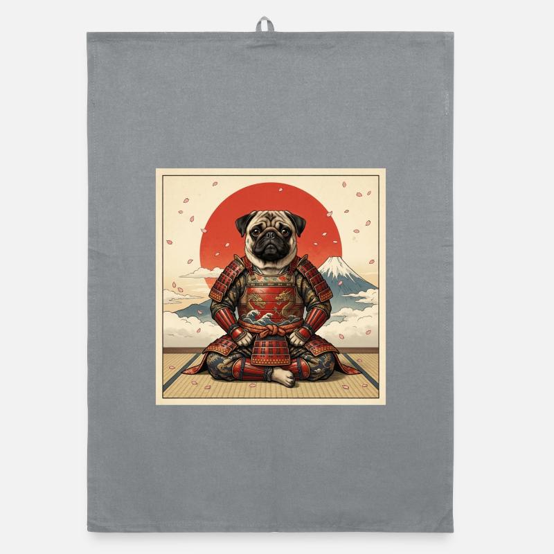 Samurai Pug Dog Warrior Japanese Art Design Organic dish towel