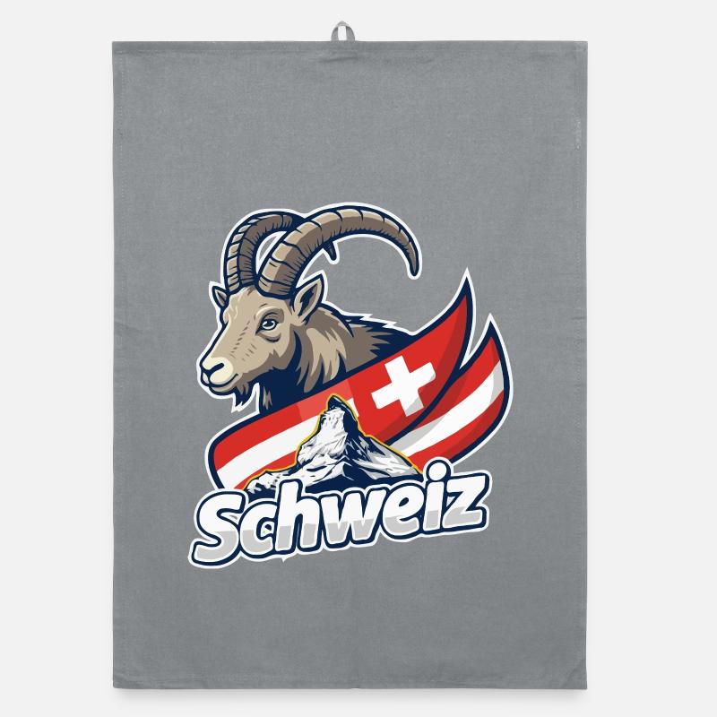 Alpensteinbock mit Schweizer Flagge - Organic Geschirrtuch - Grau
