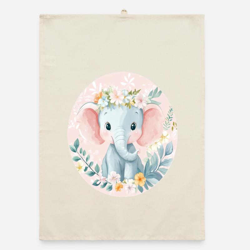 Doux bébé éléphant avec couronne de fleurs Torchon bio