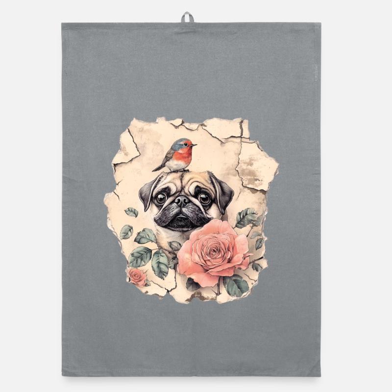 Mops mit Rotkehlchen Organic Geschirrtuch