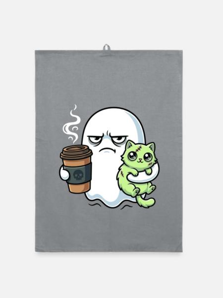 Halloween Kaffee Geist mit Zombie Katze - Organic Geschirrtuch - Grau