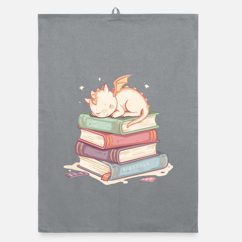 Sleeping Dragon on Pastel Colored Books Organic dish towel