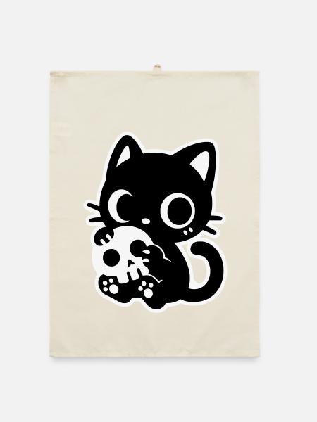 Süße Gruselkatze mit Totenkopf | Kawaii Spooky Mot - Organic Geschirrtuch - Natur - Vorne