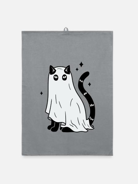 Halloween Katze Gespenst - Mit Sternen - Organic Geschirrtuch - Grau - Vorne