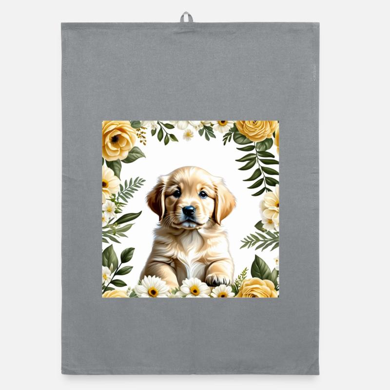 Chiot mignon en couronne de fleurs Torchon bio