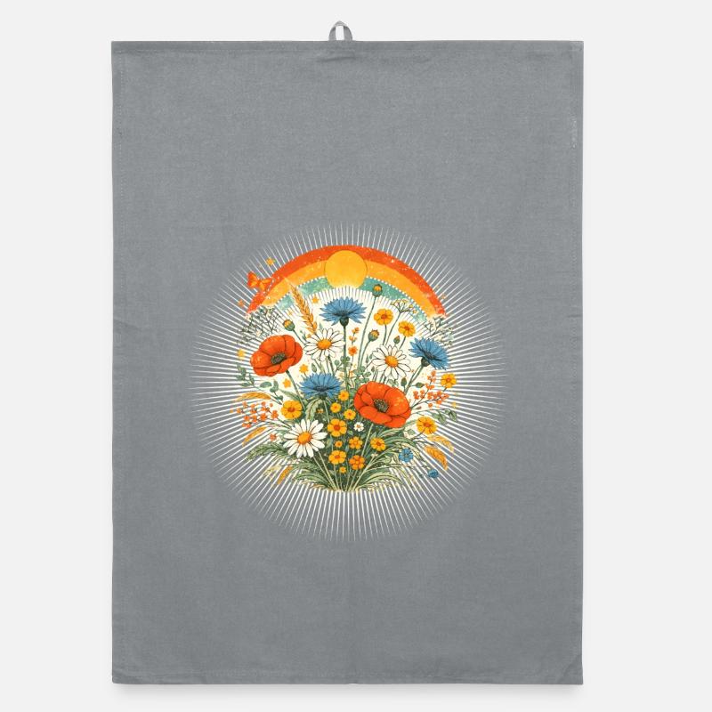 Bunte Wildblumen Retro Sonne Regenbogen Design  Organic Geschirrtuch