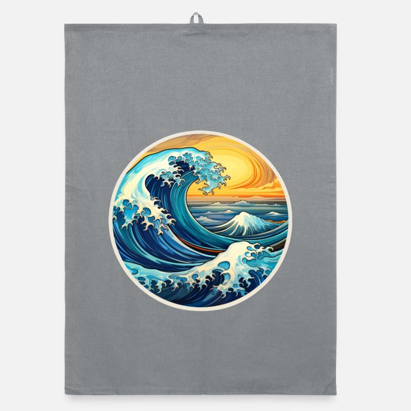 Large Wave Illustration – Maritime Retro Design Organic dish towel