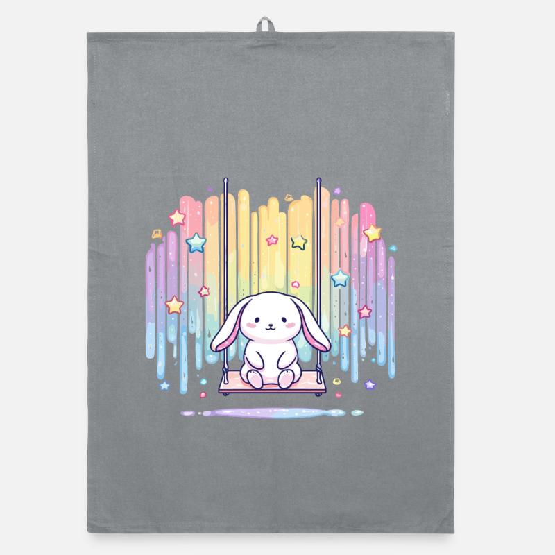 Pastel bunny on swing rainbow Organic dish towel
