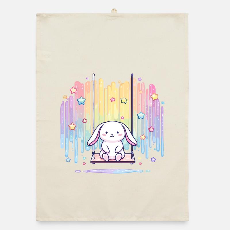Pastel bunny on swing rainbow Organic dish towel