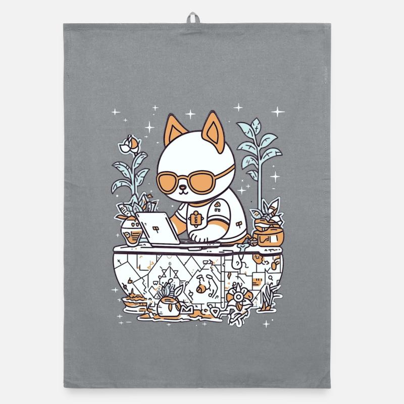 Chat Kawaii à un bureau confortable - Torchon bio - bruyère