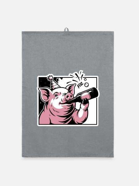 Piggy with Party and Celebration Bottle - Organic dish towel - grey - Front