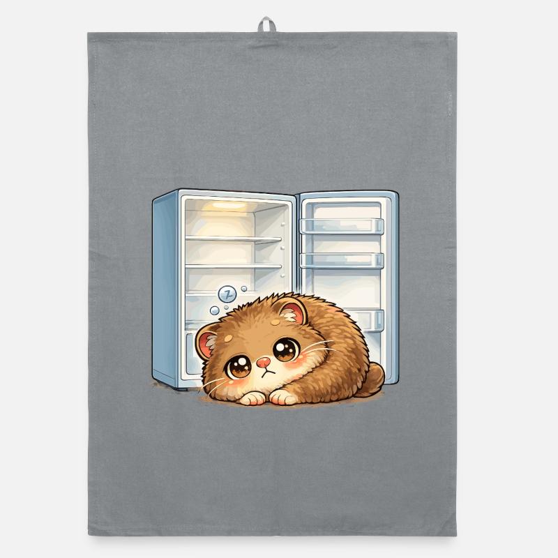 Small cat in front of open refrigerator Organic dish towel