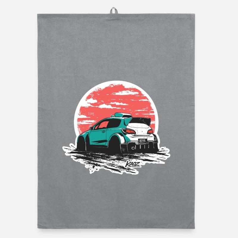 Teal Rally Car Sunset Sketch Organic dish towel