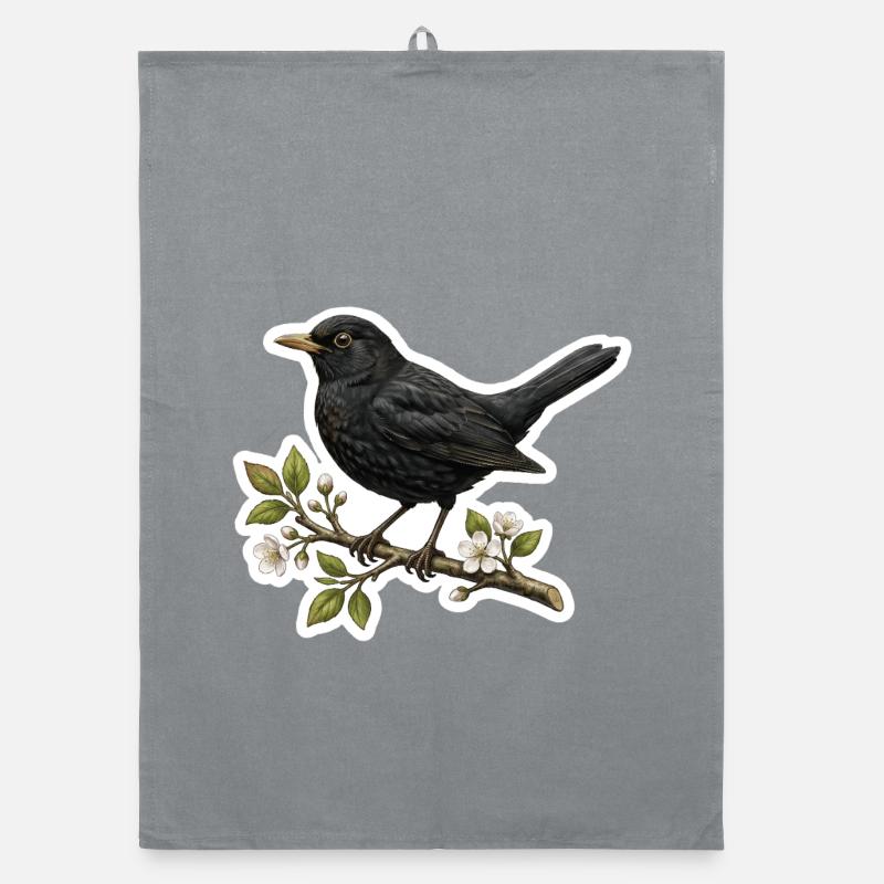 Merle sur branche fleurie - Conception printanière Torchon bio