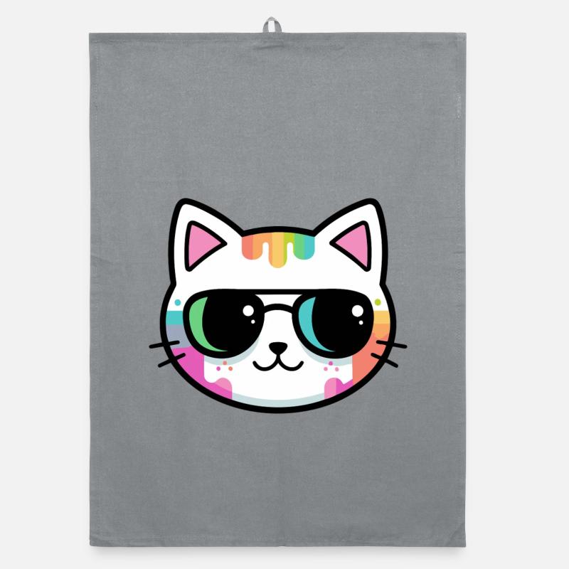 Rainbow Minimalist Cat Black Glasses Organic dish towel