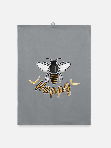 Happy bee with 'Happy' lettering - Organic dish towel - grey - Front