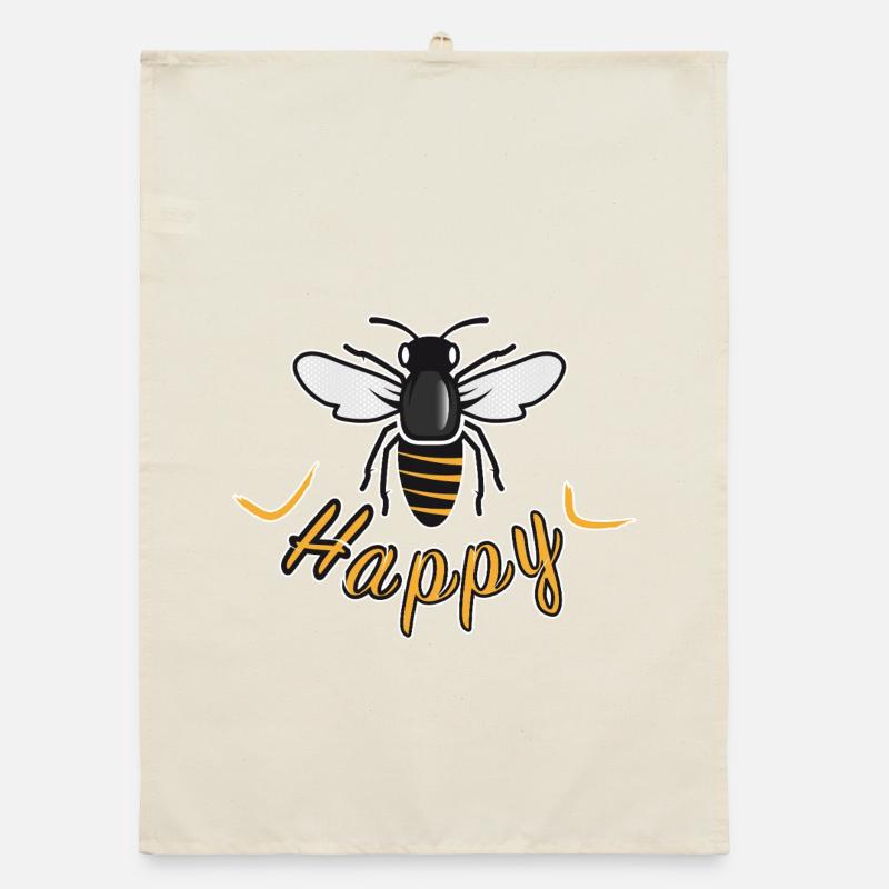 Abeille heureuse avec l’inscription « Happy » Torchon bio