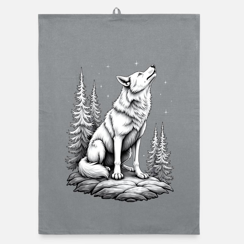 Wolf Rock Drawing Sketch Black White Organic dish towel