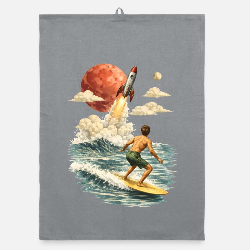 Surreal surf motif with rocket and moon Organic dish towel