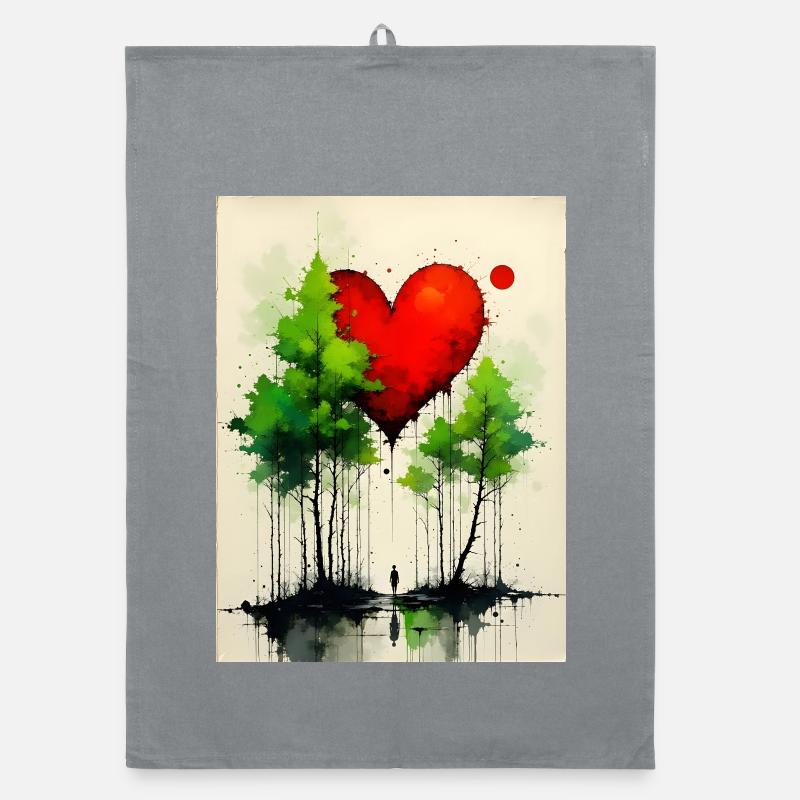 Cœur dans la forêt Aquarelles - Torchon bio - bruyère