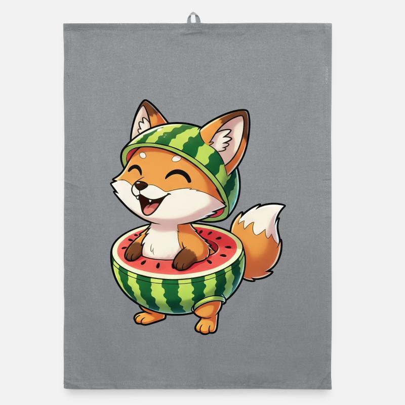Funny fox with watermelon summer fun Organic dish towel