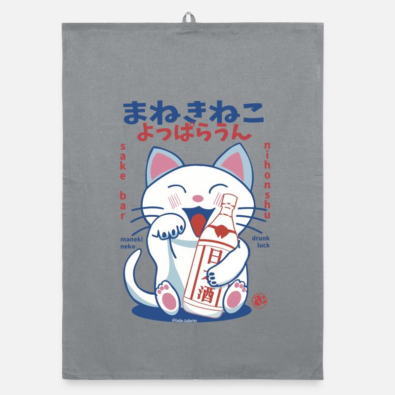 Lucky Cat Drunk on Sake Organic dish towel